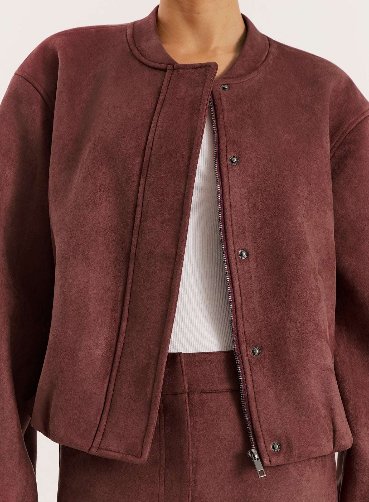 Burgundy Faux Suede Bomber Jacket